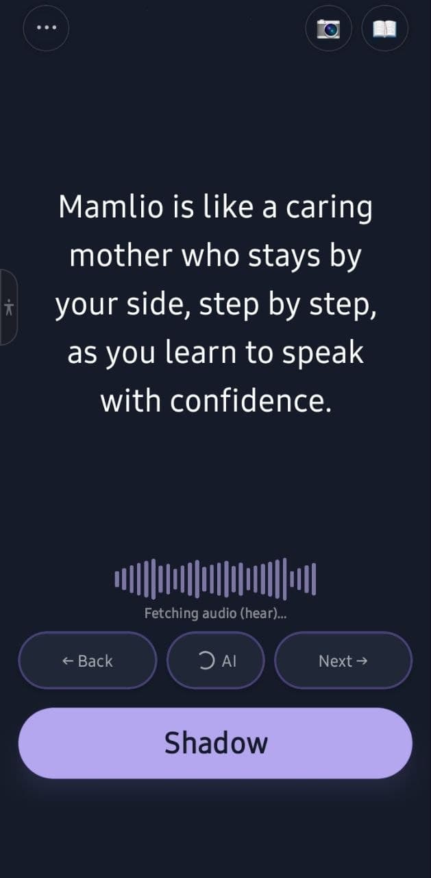 Mamlio lesson screen fetching AI audio with the sentence on screen