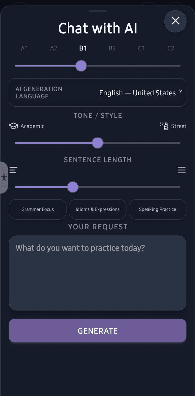 Mamlio Chat with AI screen with CEFR level slider, AI Generation Language, focus options, and Generate button